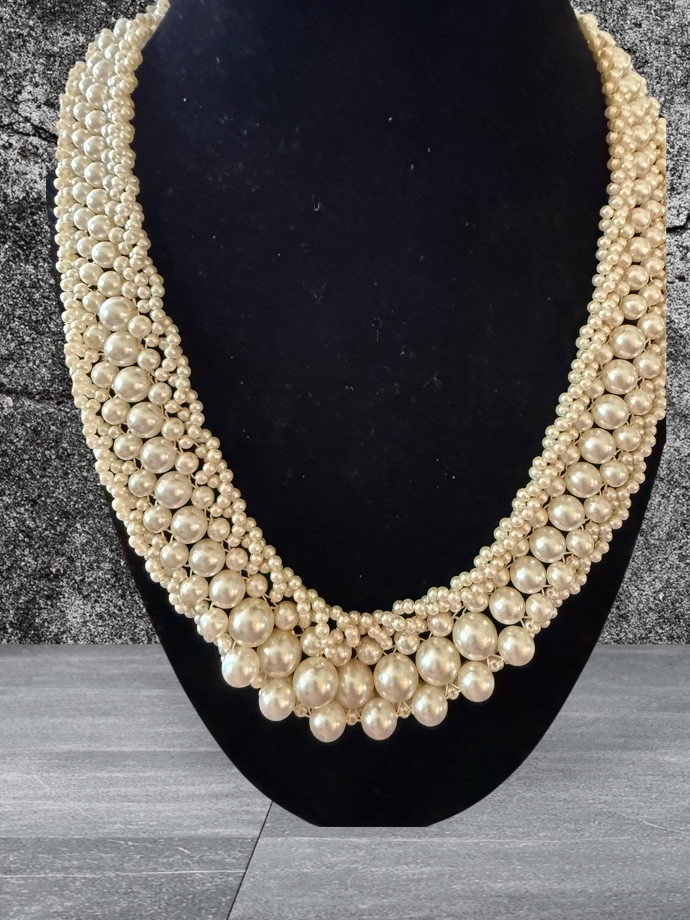 Vintage Faux Pearl Multi-Strand Statement Necklace | Cream Ivory Beaded Bib